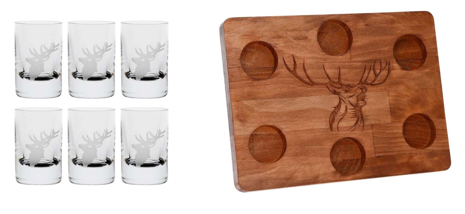 SET Drevená doska DEER + poháre Spirit Jeleň (1+6KS)