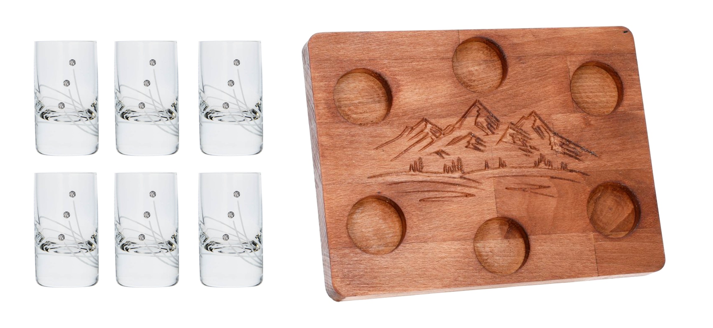 SET Drevená doska Hory / MOUNT + poháre Spirit 30538 Swarovski Crystals (1+6KS)