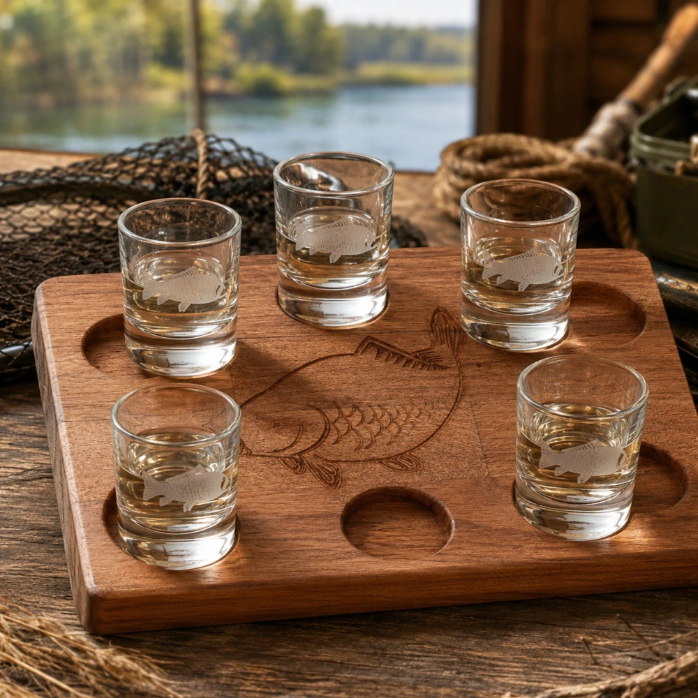 Darčekový set podnos WOOD + poháre Spirit Ryba (1+6 ks)