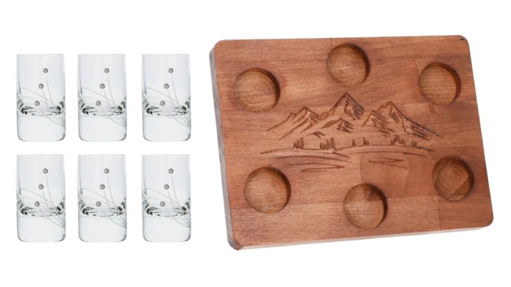 SET Drevená doska Hory / MOUNT + poháre Spirit 30538 Swarovski Crystals (1+6KS)
