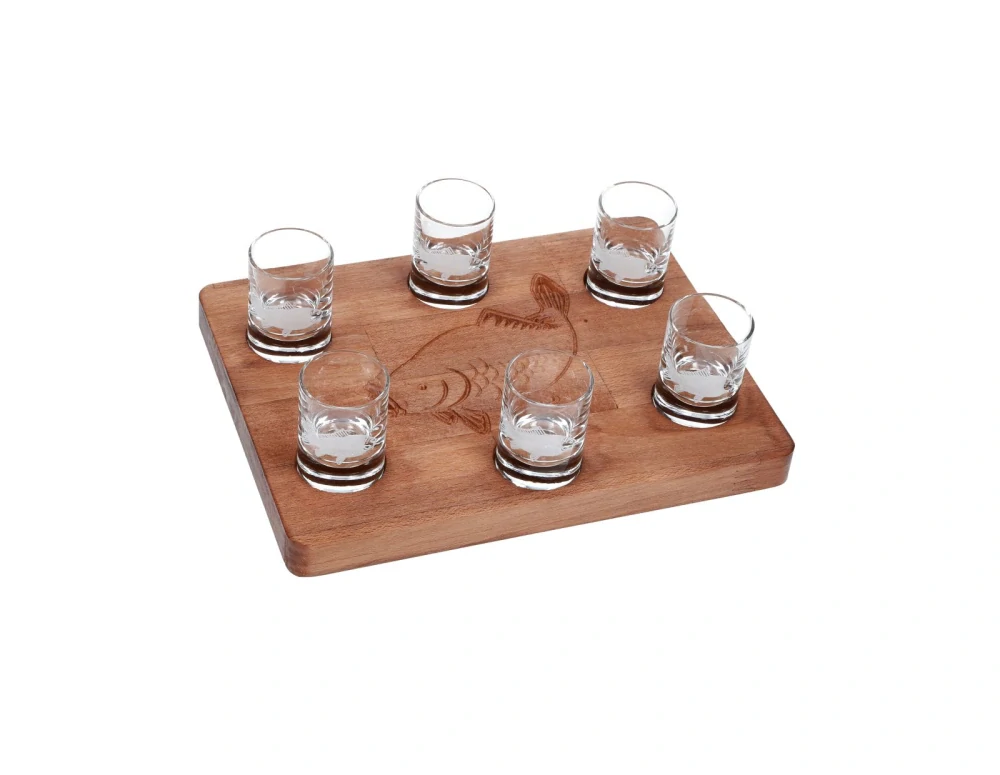 Darčekový set podnos WOOD + poháre Spirit Ryba (1+6 ks)